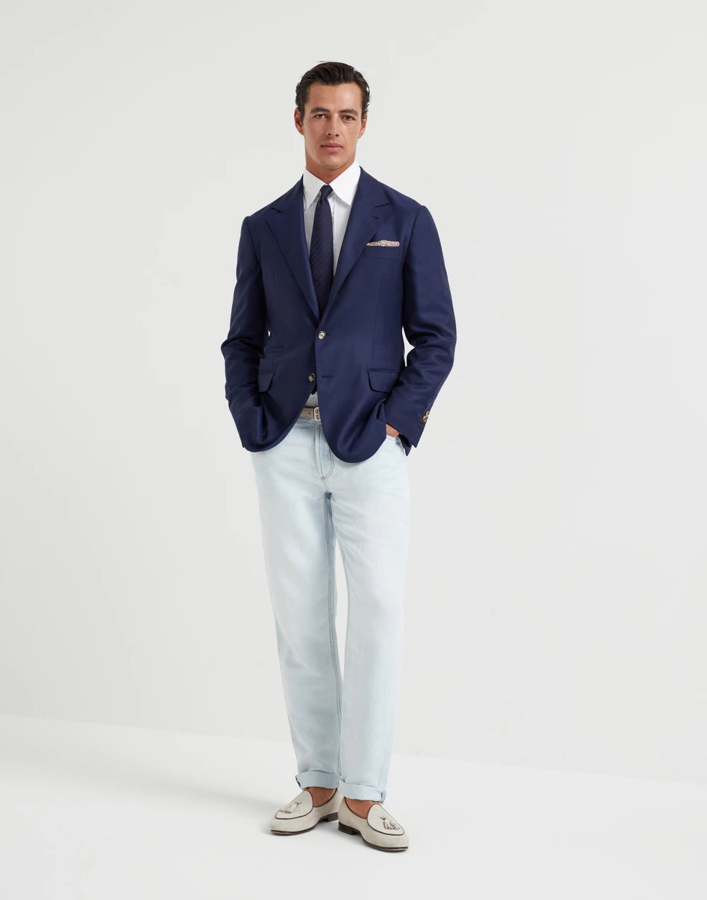 Cotton and linen denim traditional fit five-pocket trousers