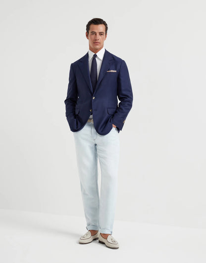Cotton and linen denim traditional fit five-pocket trousers