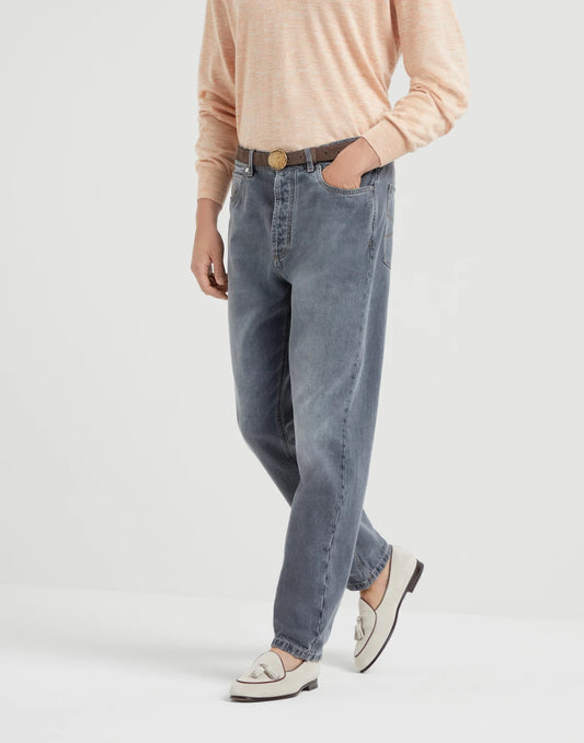 Greyscale denim iconic fit five-pocket trousers