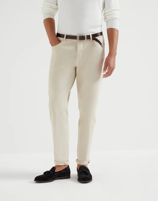Garment-dyed comfort lightweight denim traditional fit five-pocket trousers