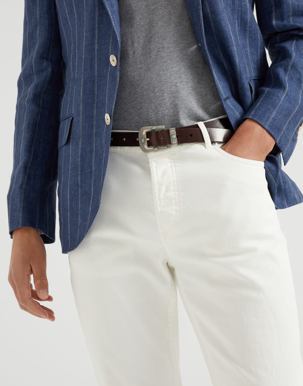 Garment-dyed comfort lightweight denim traditional fit five-pocket trousers