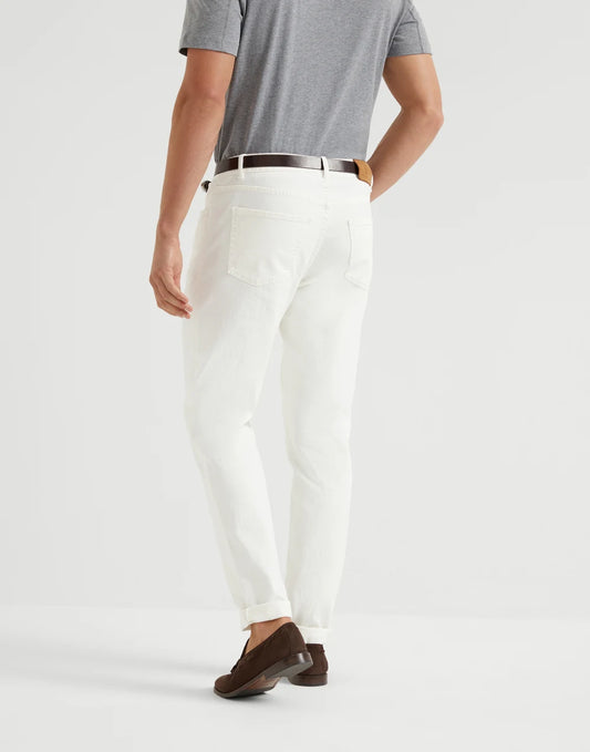 Garment-dyed comfort lightweight denim traditional fit five-pocket trousers