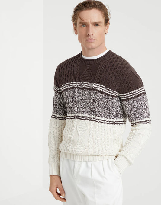 Chiné stripe cable knit sweater in cotton