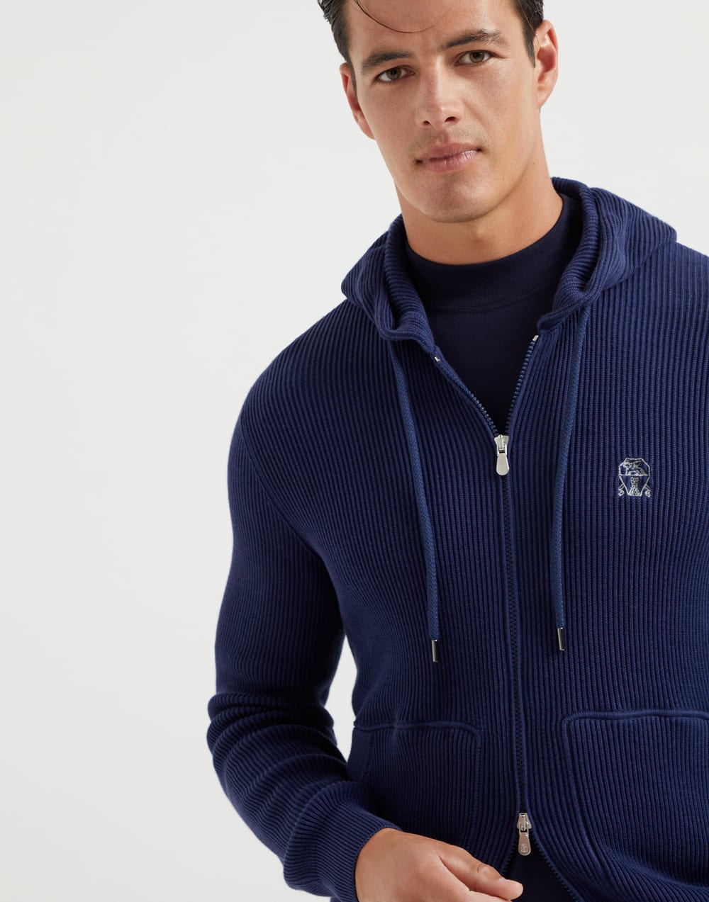 Cotton English rib knit hooded sweatshirt with logo and zipper