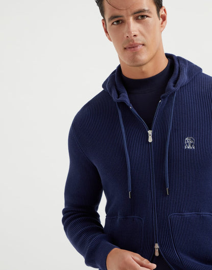 Cotton English rib knit hooded sweatshirt with logo and zipper