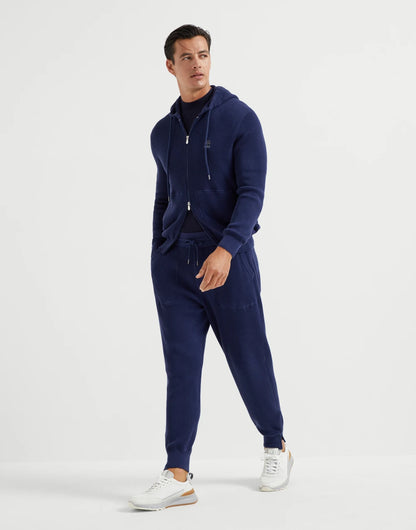 Cotton English rib knit hooded sweatshirt with logo and zipper