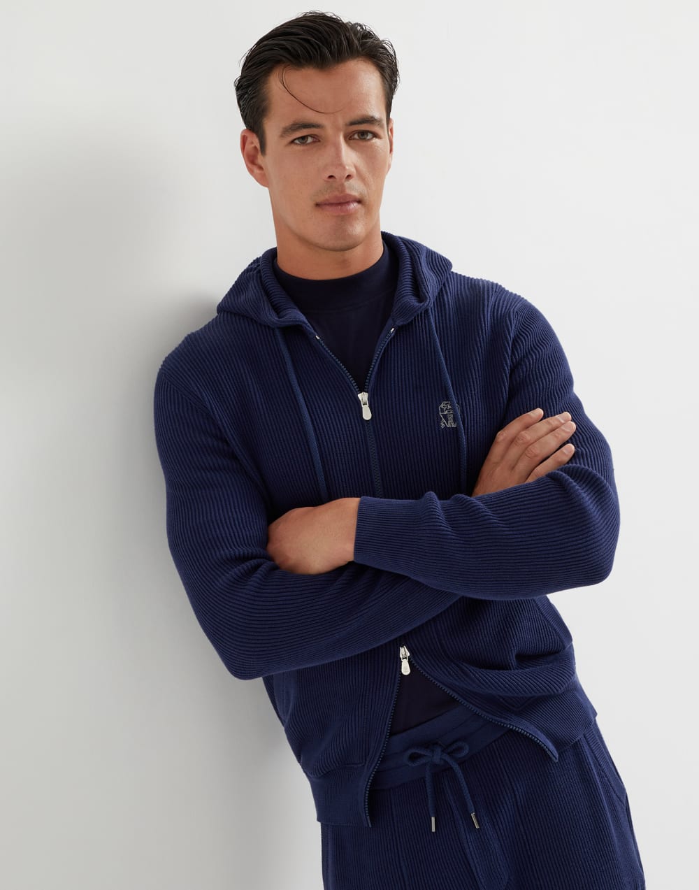 Cotton English rib knit hooded sweatshirt with logo and zipper