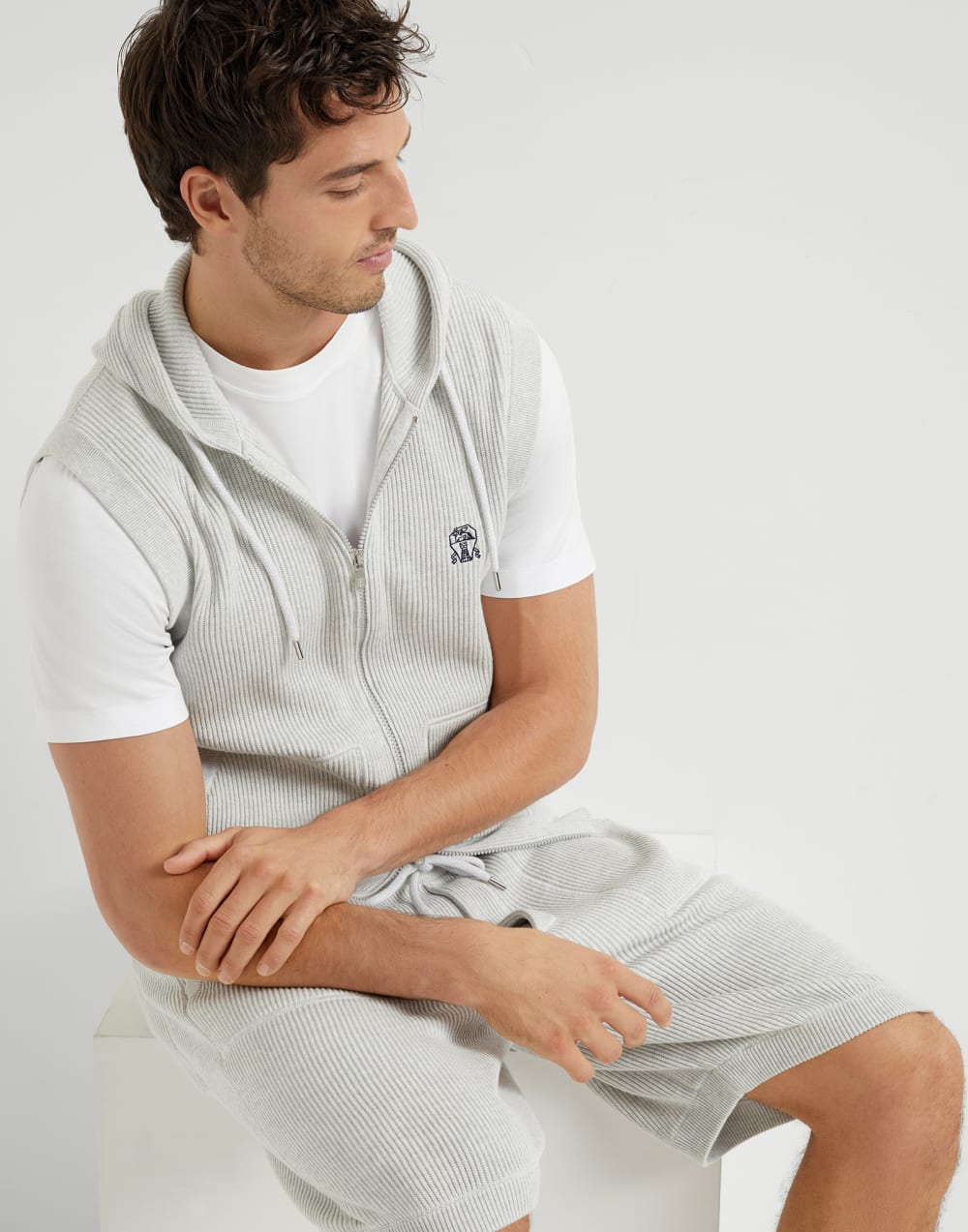 Cotton English rib knit hooded vest with logo and zipper