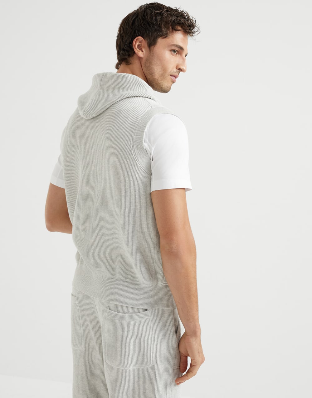 Cotton English rib knit hooded vest with logo and zipper