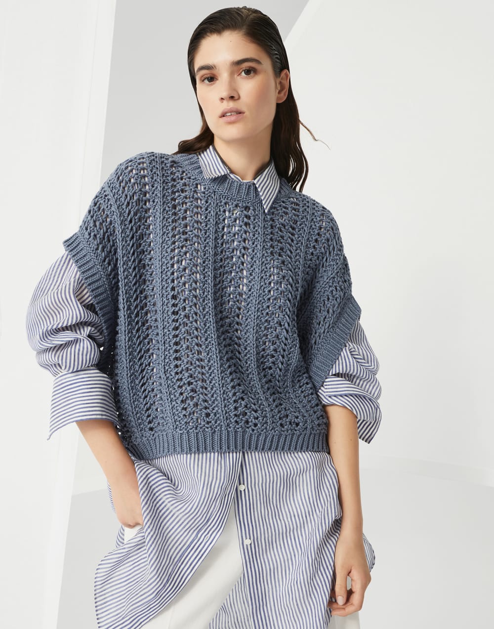 Cotton ribbed net sweater