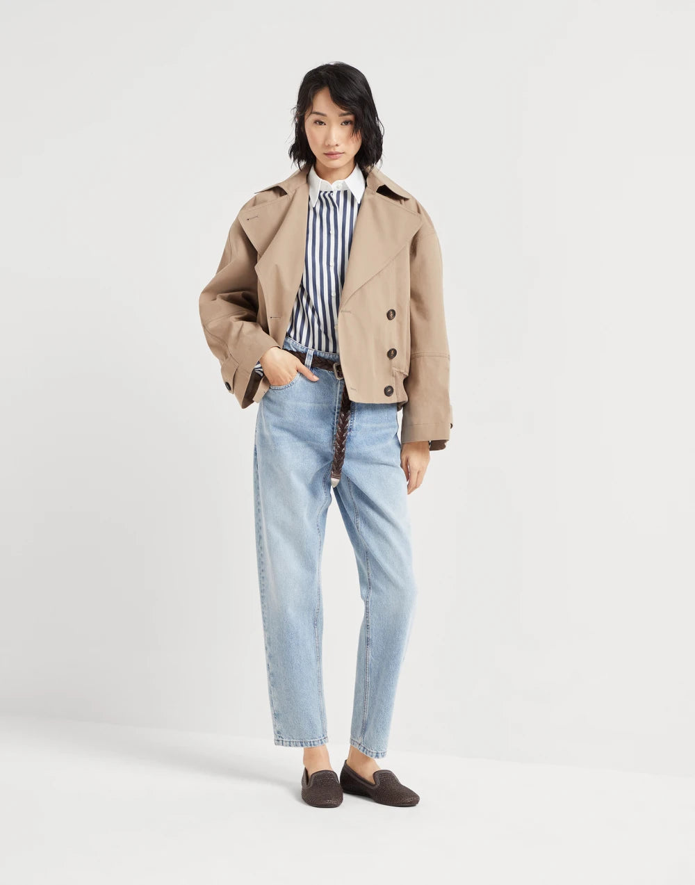Authentic denim baggy tapered trousers with monili