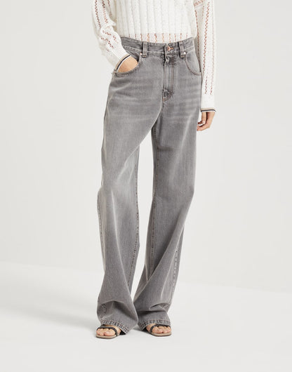Authentic denim contemporary loose trousers with monili