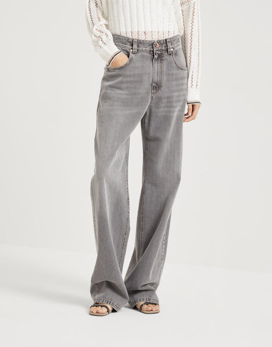 Authentic denim contemporary loose trousers with monili