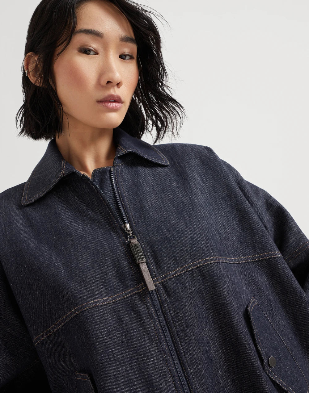 Denim-effect twill bomber jacket with shiny zipper pull