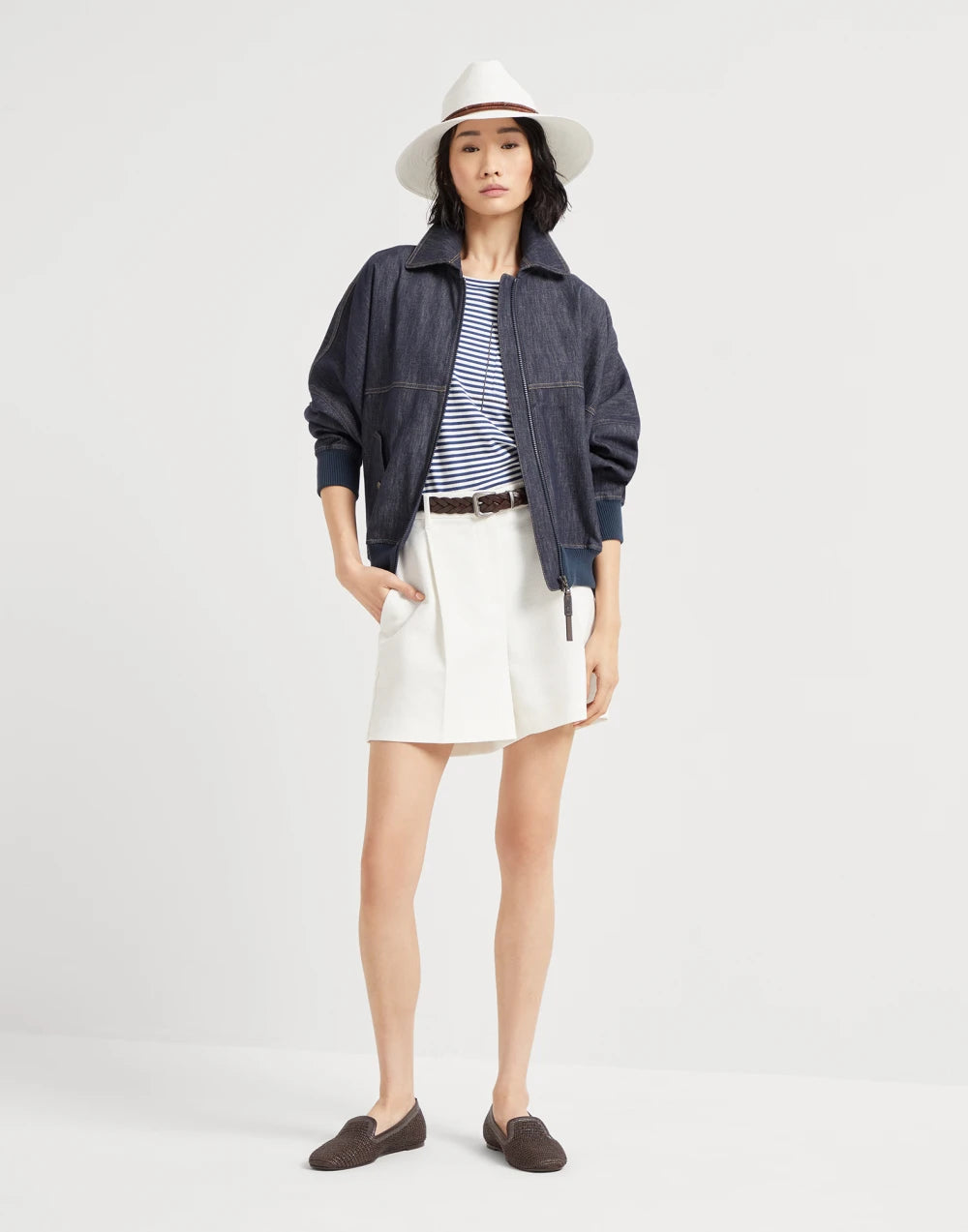 Denim-effect twill bomber jacket with shiny zipper pull