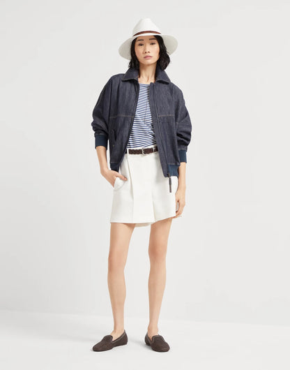 Denim-effect twill bomber jacket with shiny zipper pull
