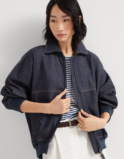 Denim-effect twill bomber jacket with shiny zipper pull