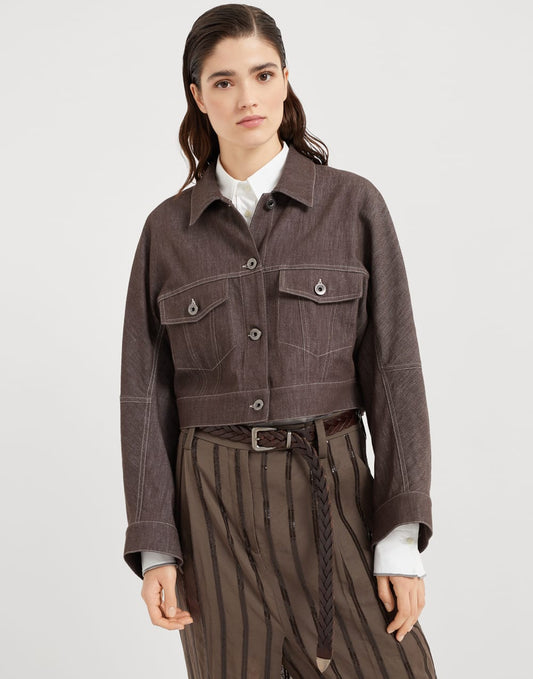Denim-effect twill outerwear jacket with monili