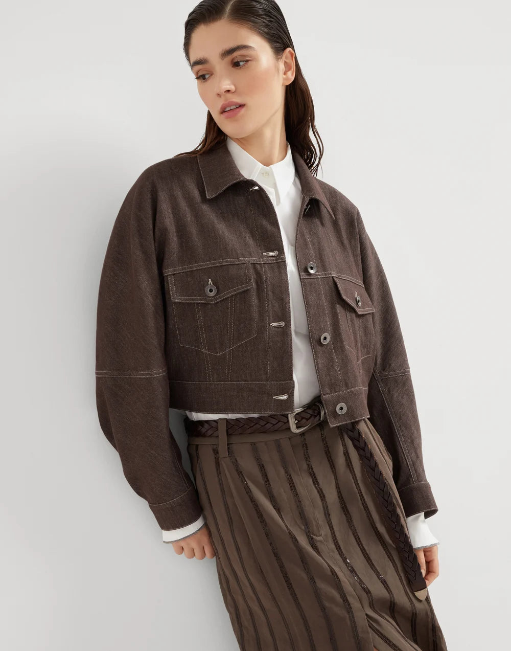Denim-effect twill outerwear jacket with monili