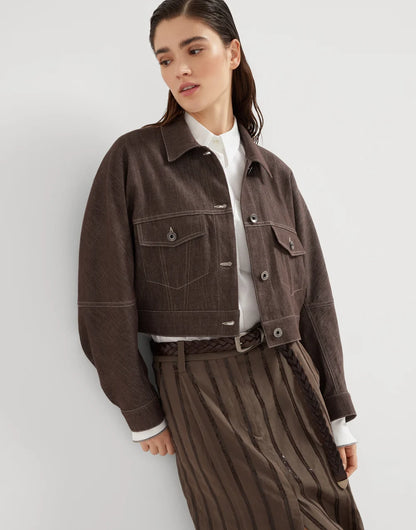 Denim-effect twill outerwear jacket with monili