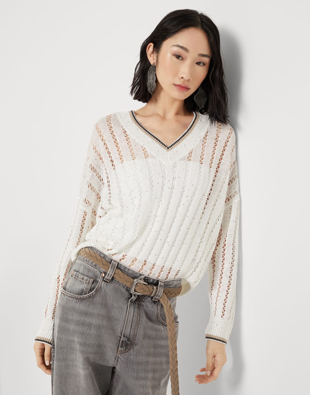 Linen dazzling ribbed net sweater
