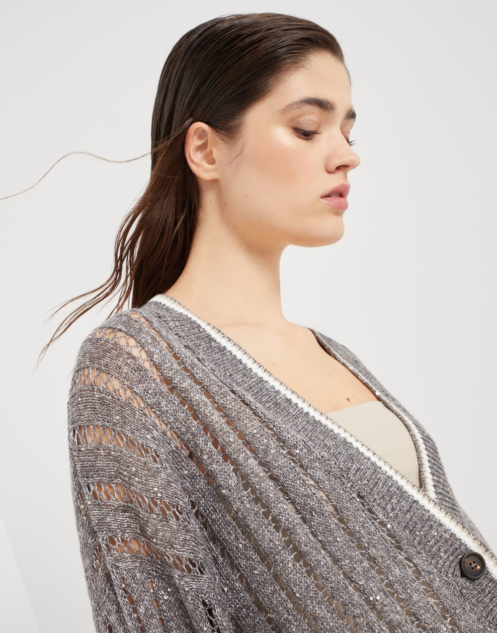 Linen dazzling ribbed net cardigan