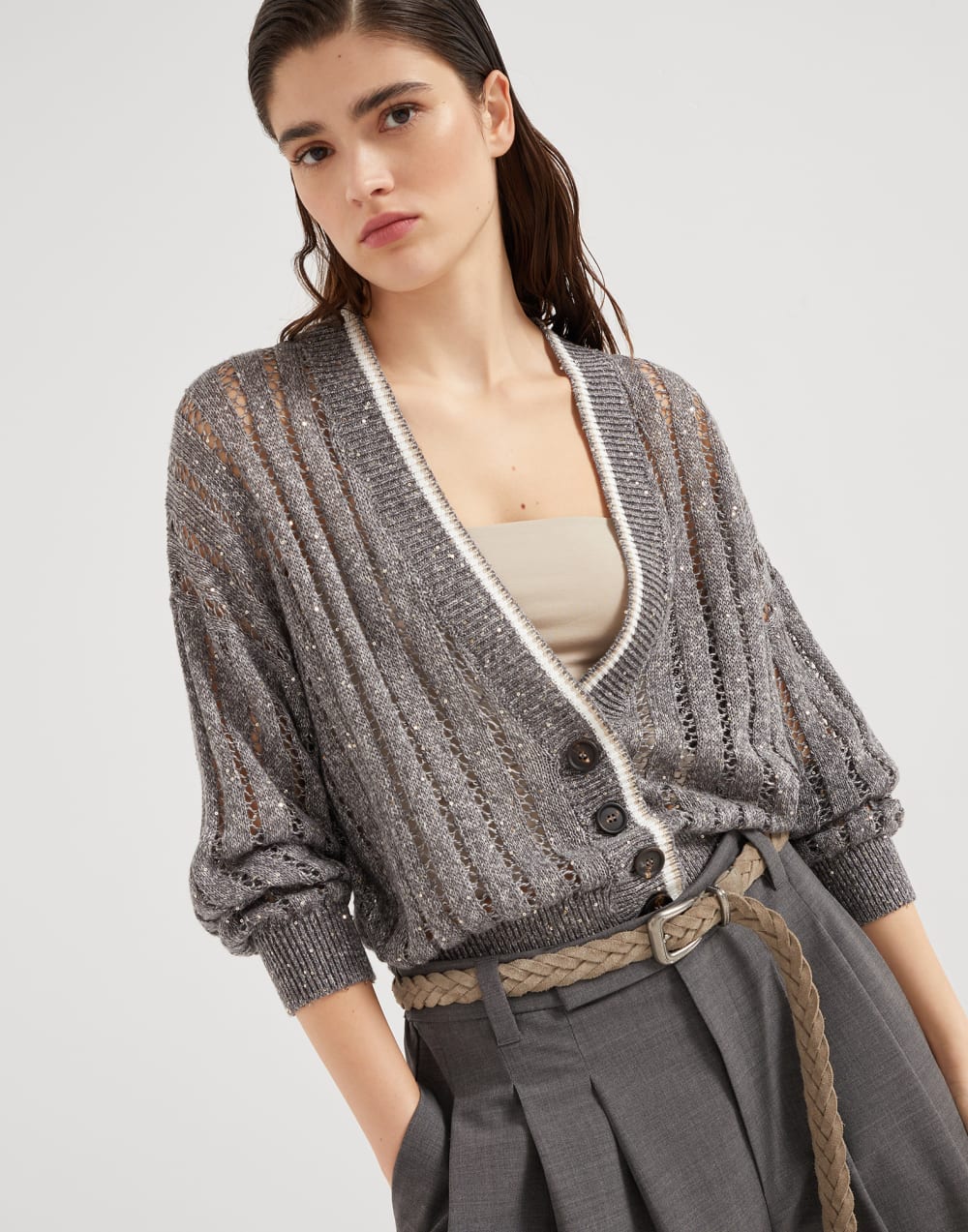 Linen dazzling ribbed net cardigan