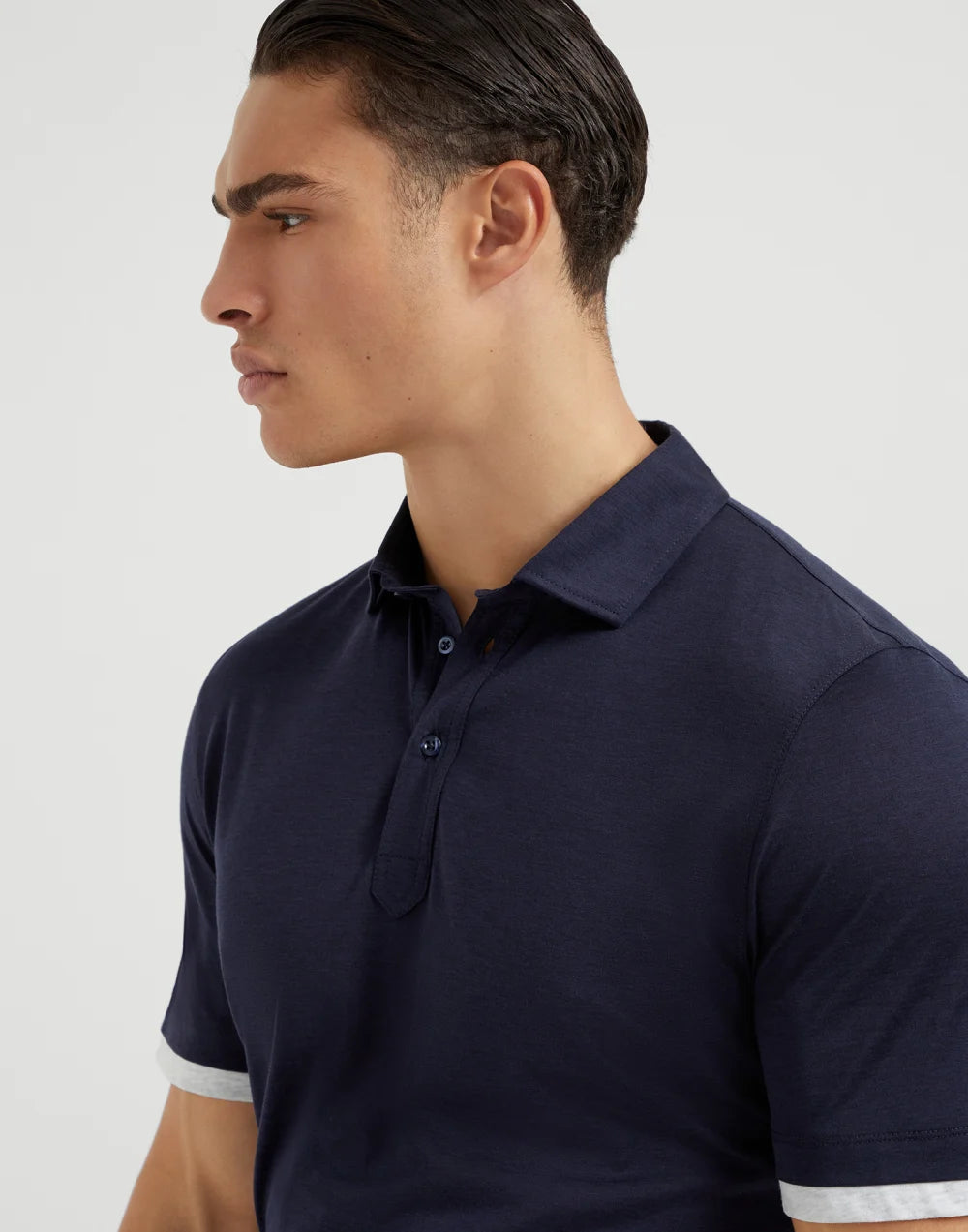 Silk and cotton jersey shirt-style collar polo with faux-layering