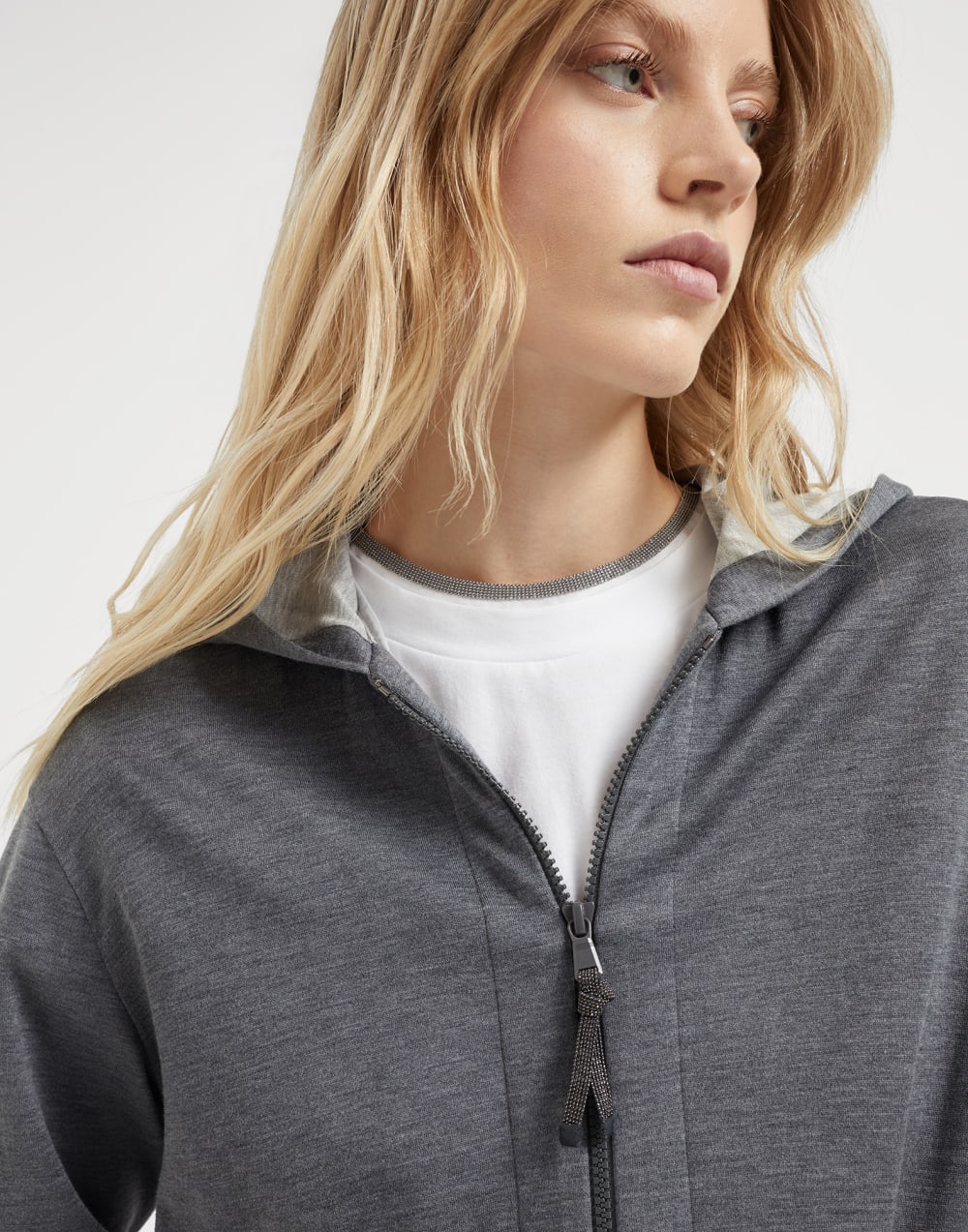 Cotton and silk interlock hooded sweatshirt with precious zipper pull