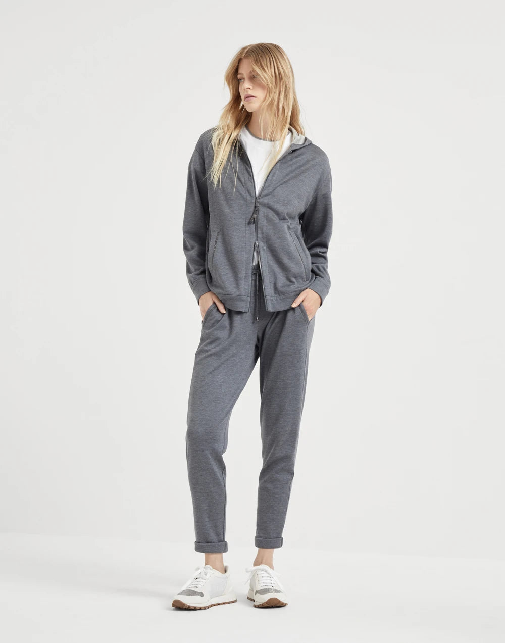 Cotton and silk interlock hooded sweatshirt with precious zipper pull