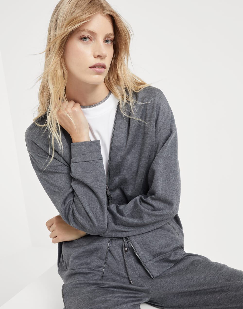 Cotton and silk interlock hooded sweatshirt with precious zipper pull