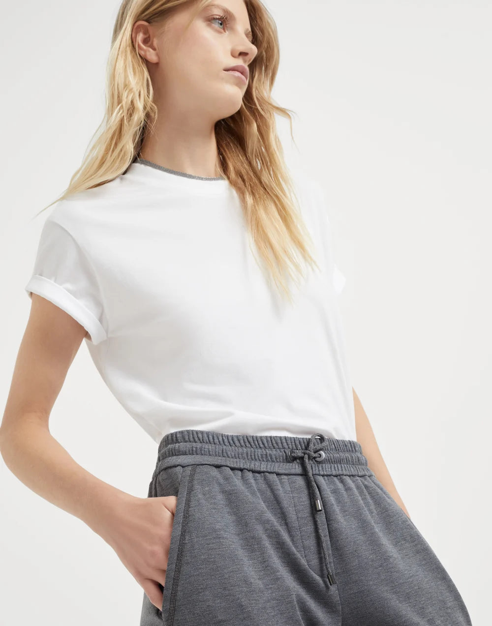 Cotton and silk interlock trousers with shiny pocket detail