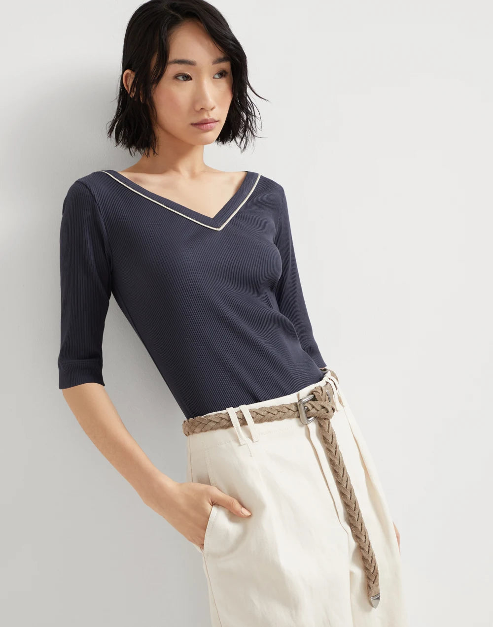 Comfort cotton ribbed jersey T-shirt with shiny piping