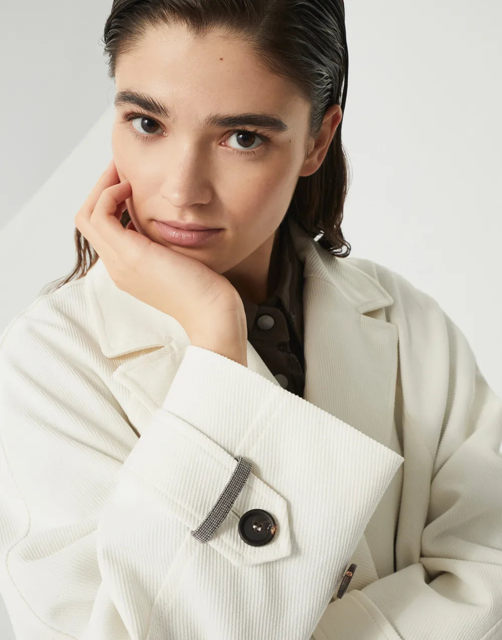 Cotton and linen cavalry pea coat with shiny cuff details