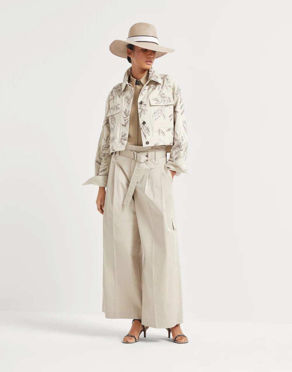 Cotton and linen canvas outerwear jacket with glistening flora embroidery