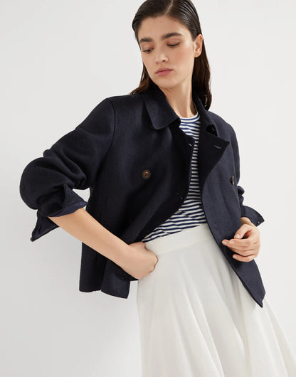 Linen cover cropped pea coat with monili
