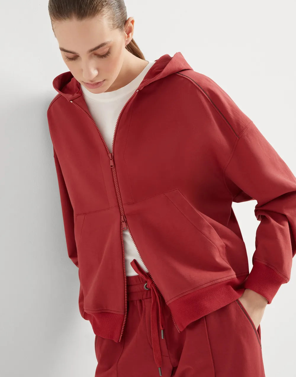 Stretch cotton lightweight French terry hooded sweatshirt with zipper and shiny trims