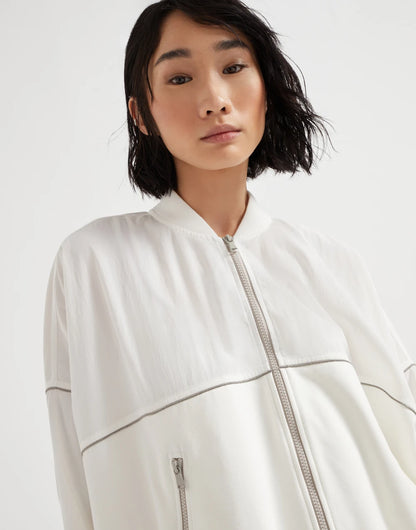 Paneled sweatshirt in cotton French terry and viscose wrinkled poplin with zipper and shiny trims