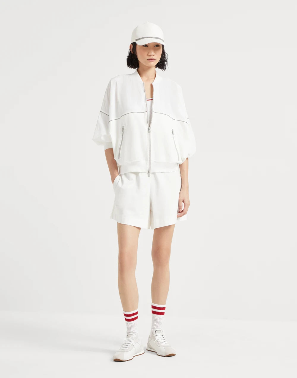 Paneled sweatshirt in cotton French terry and viscose wrinkled poplin with zipper and shiny trims