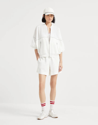 Paneled sweatshirt in cotton French terry and viscose wrinkled poplin with zipper and shiny trims