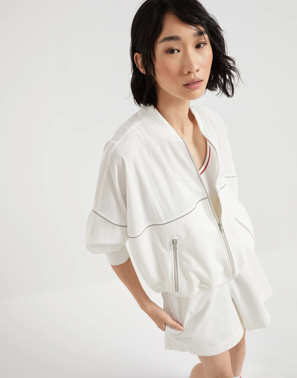 Paneled sweatshirt in cotton French terry and viscose wrinkled poplin with zipper and shiny trims