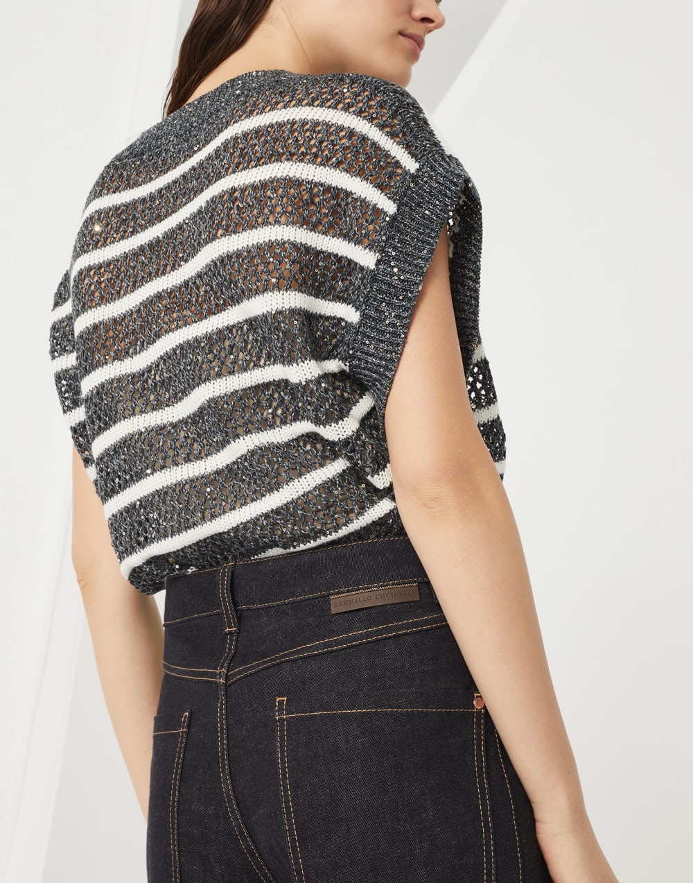 No-fade denim loose flared trousers with monili