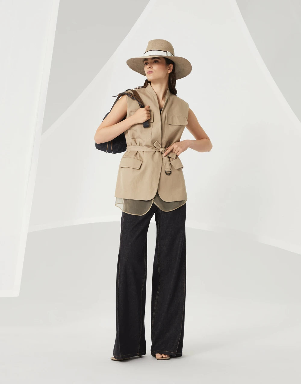 No-fade denim loose flared trousers with monili