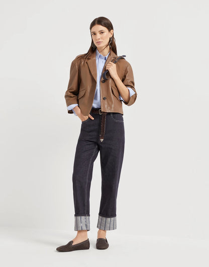 No-fade denim cropped trousers with dazzling regimental embroidery