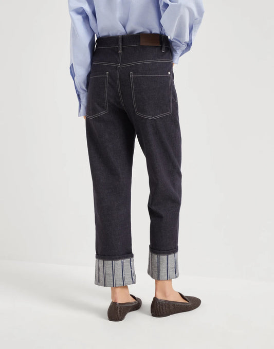 No-fade denim cropped trousers with dazzling regimental embroidery