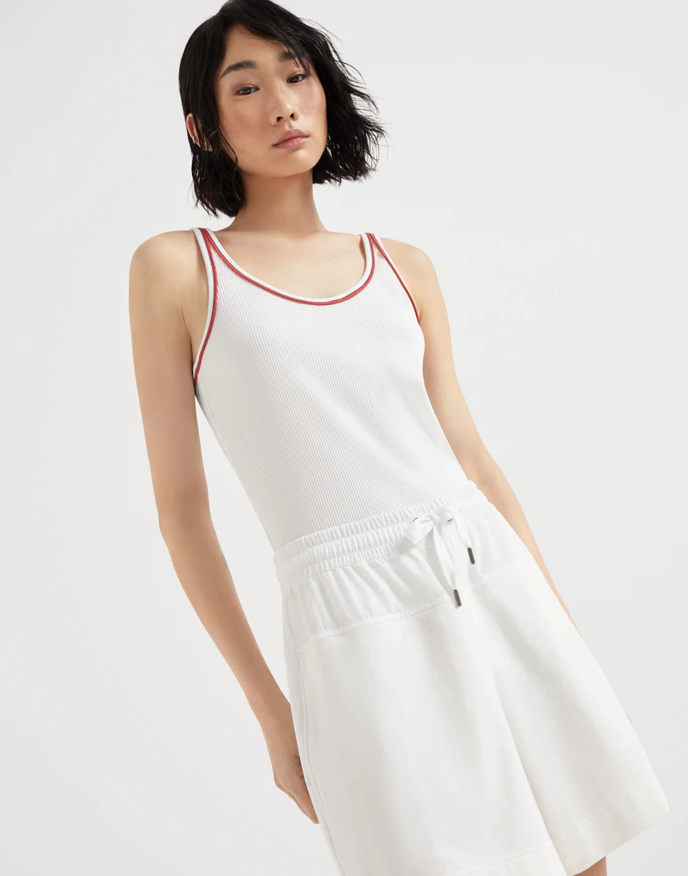 Stretch cotton lightweight French terry paneled track shorts