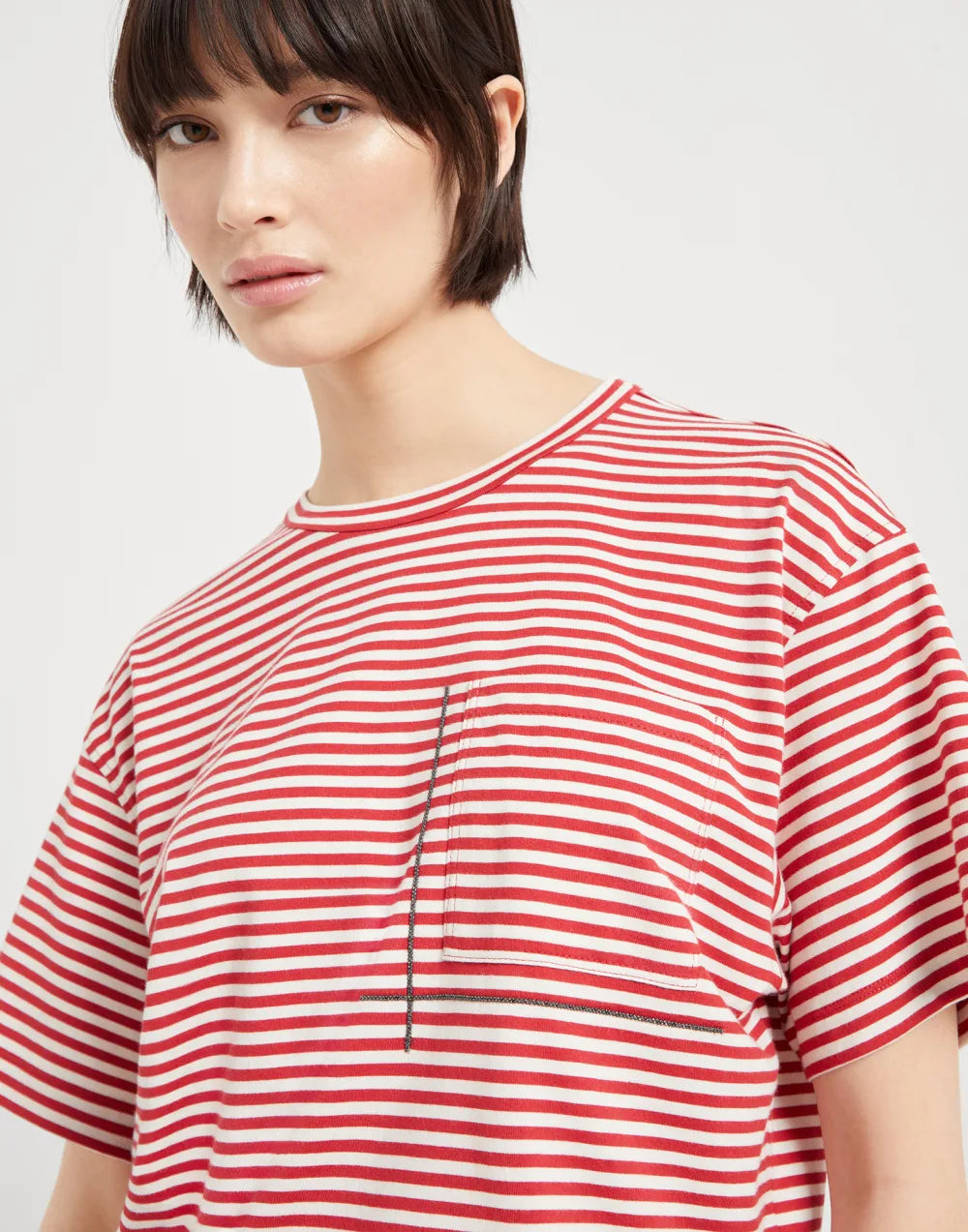 Cotton striped jersey cropped t-shirt with shiny pocket detail