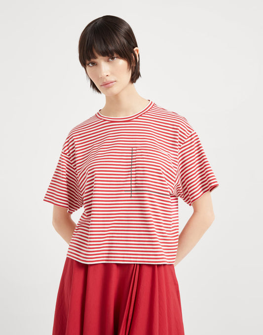 Cotton striped jersey cropped t-shirt with shiny pocket detail