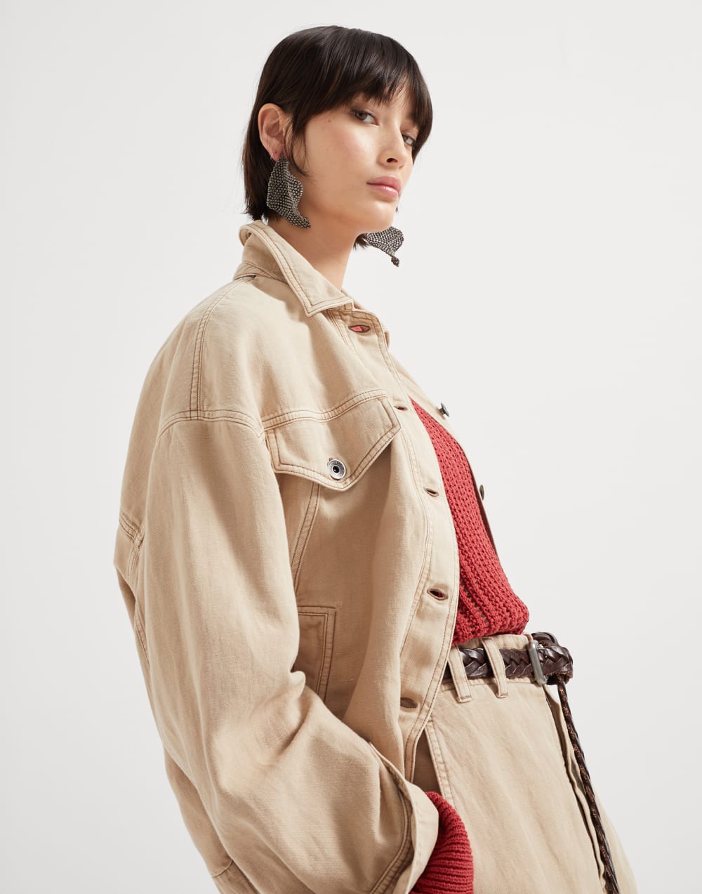 Garment-dyed cotton and linen cover four-pocket jacket with monili