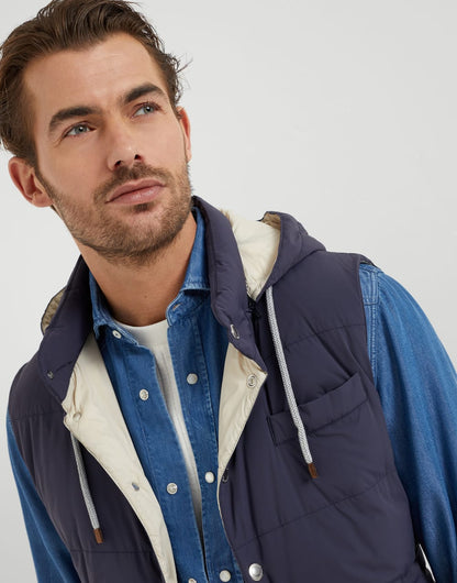 Bonded nylon down vest with detachable hood